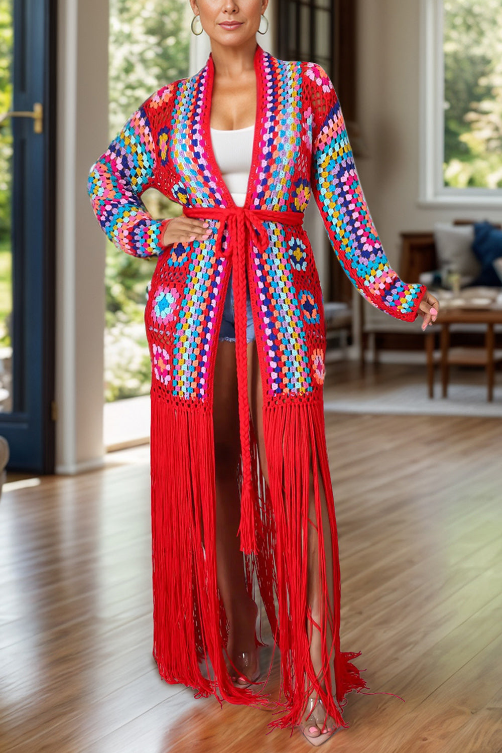 Fringe Tied Long Sleeve Cardigan Deep Red