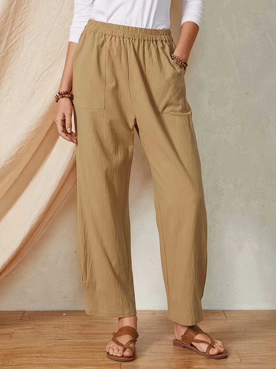 Full Size Elastic Waist Pants with Pockets Camel