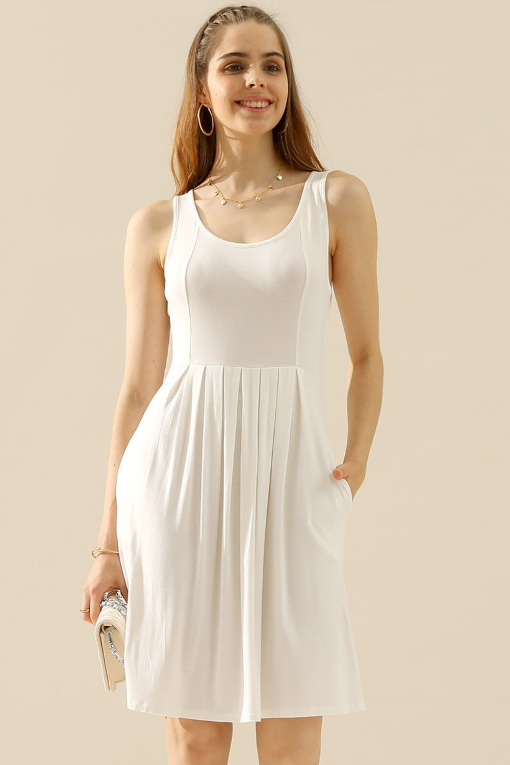 Doublju Full Size Round Neck Ruched Sleeveless Dress with Pockets WHITE