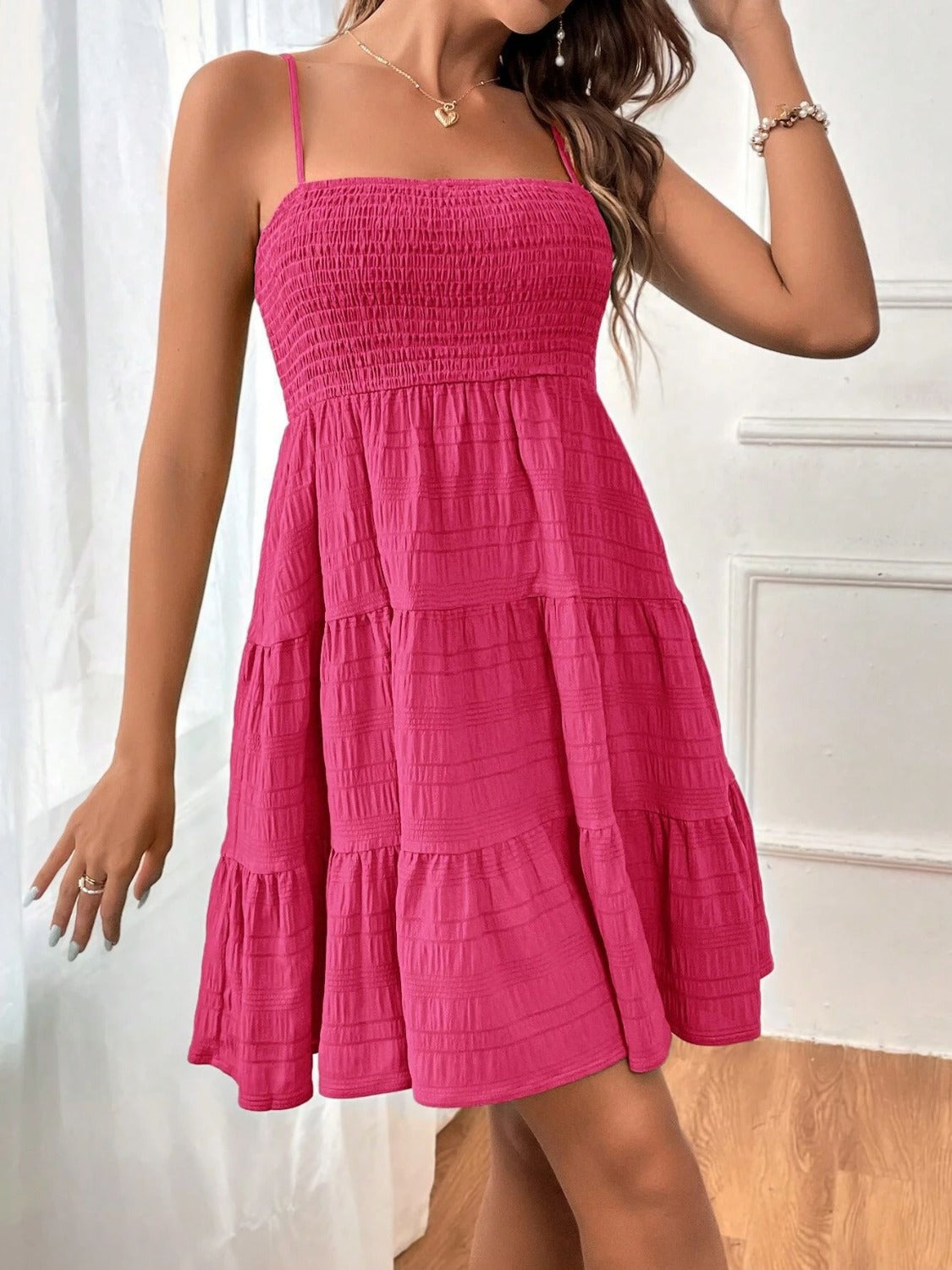 Tiered Smocked Square Neck Cami Dress Deep Rose