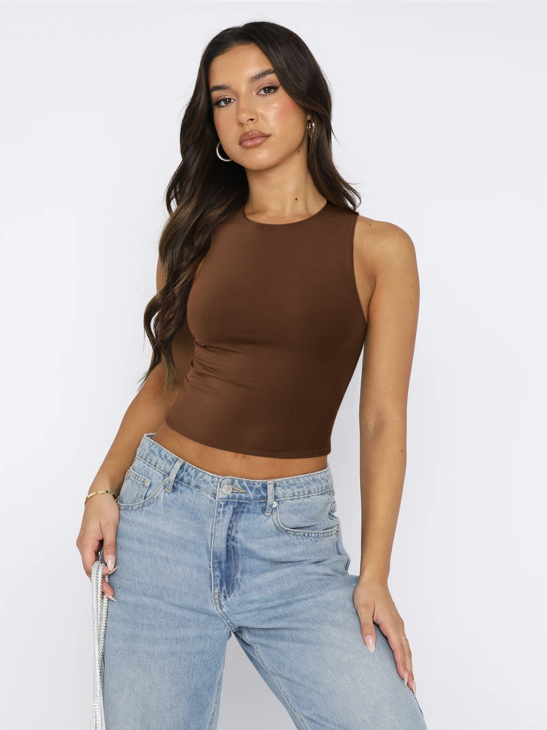 Round Neck Cropped Tank Chocolate