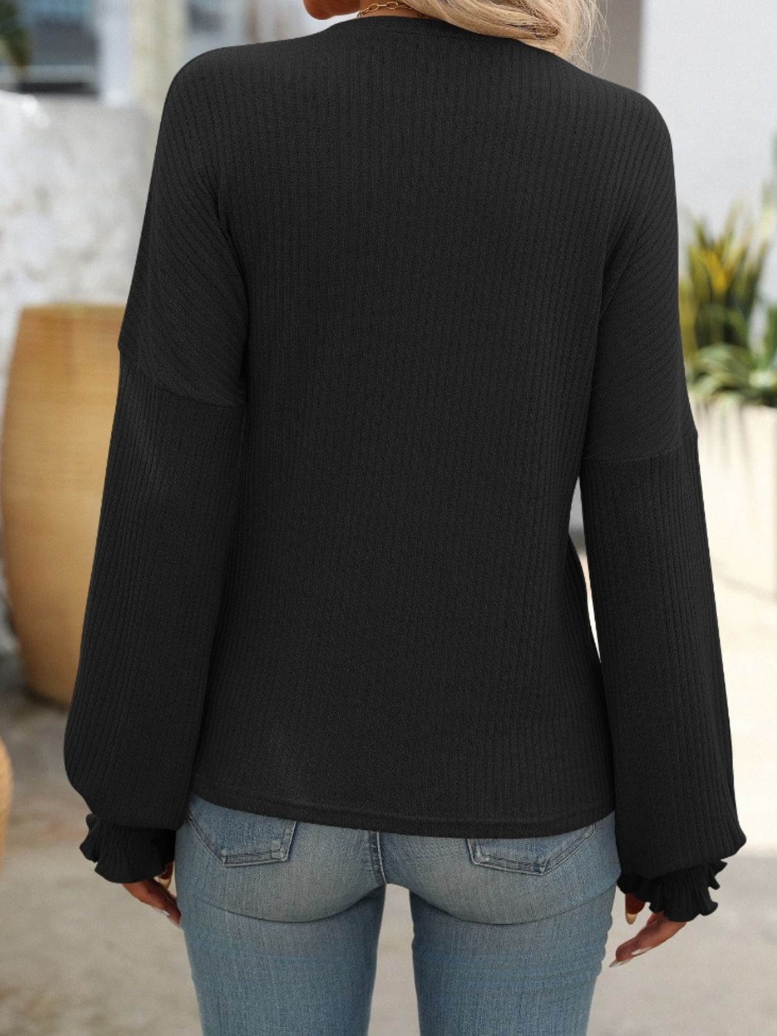 Mandy Ribbed Round Neck Long Sleeve T-Shirt