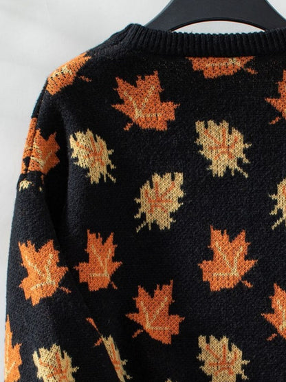 Maple Leaf Round Neck Long Sleeve Sweater