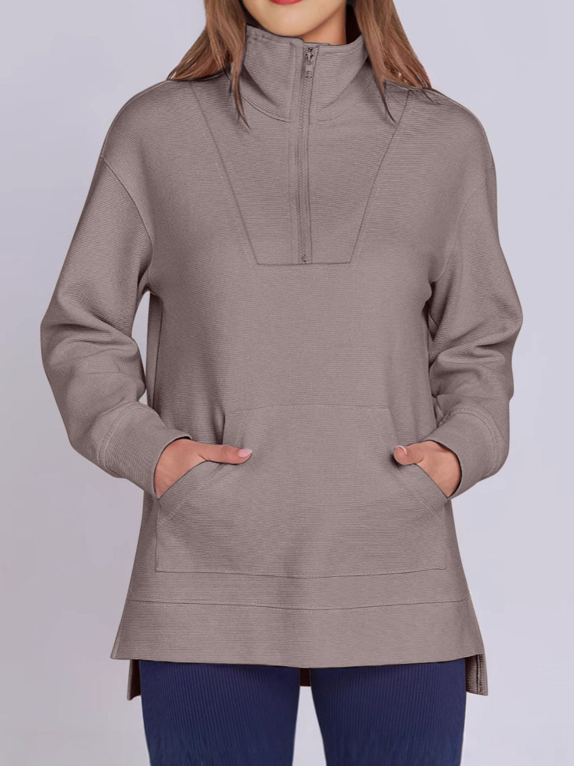 ฺHigh-Low Quarter Zip Long Sleeve Sweatshirt Mocha