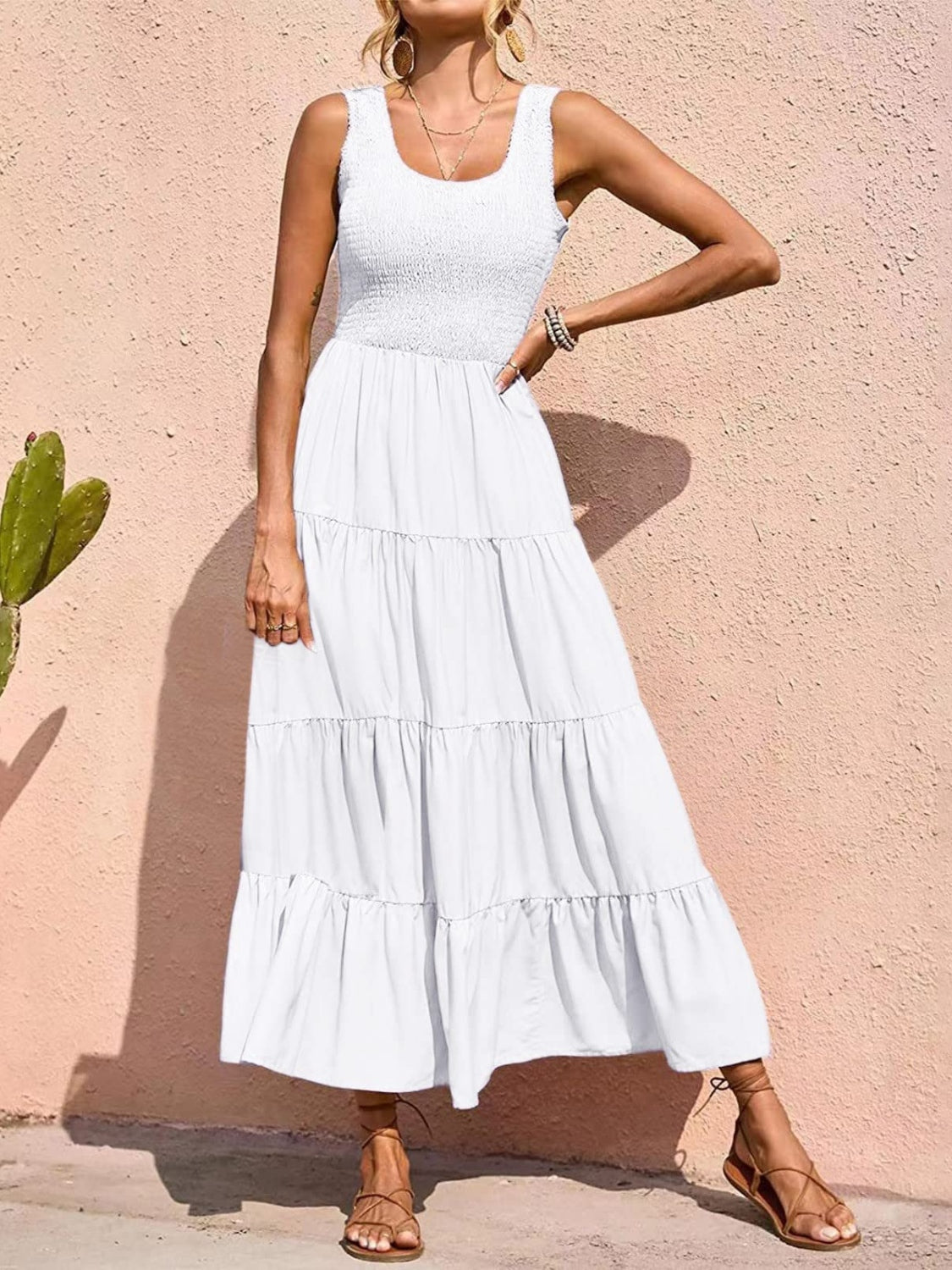 Smocked Tiered Midi Dress with Wide Straps White