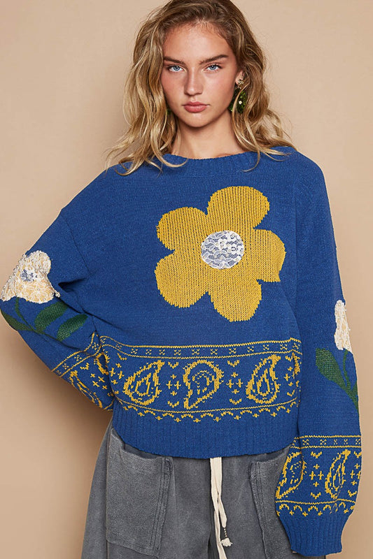 POL Flower Lace Patch Long Sleeve Sweater Blue