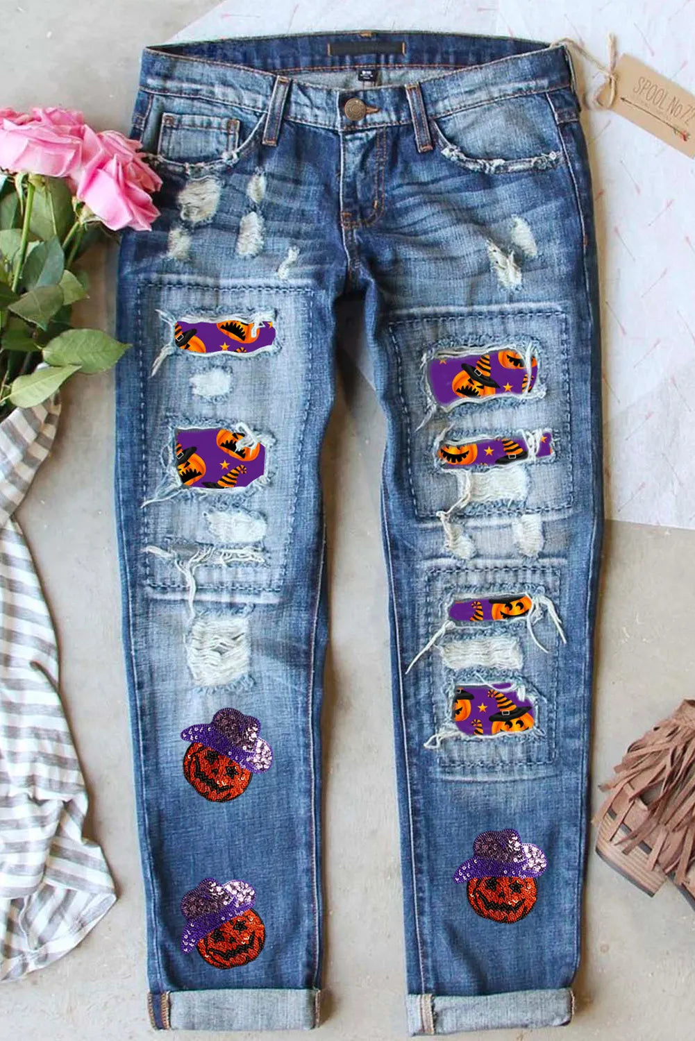 Distressed Sequin Pumpkin Jeans Medium