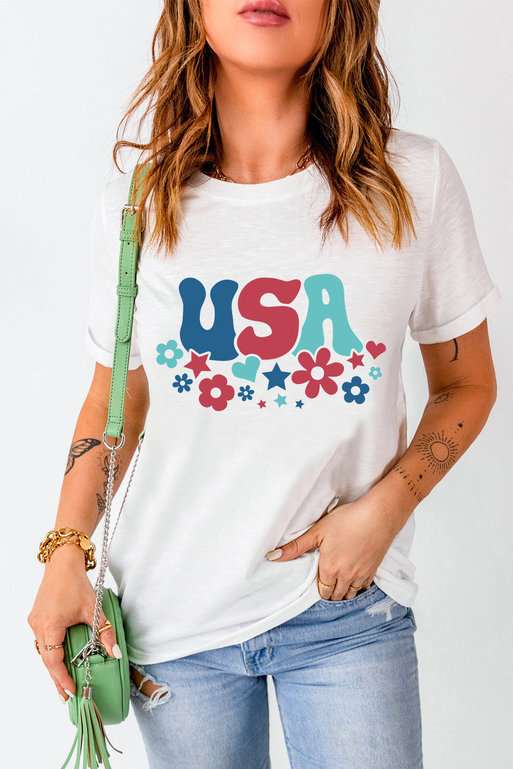 USA Round Neck Short Sleeve T-Shirt White