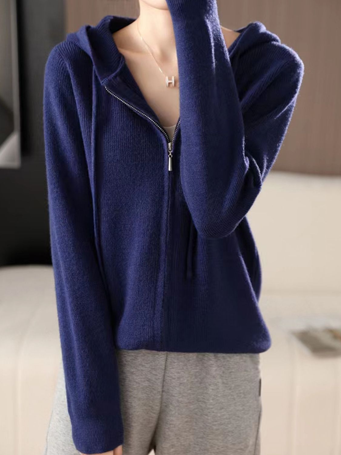 Drawstring Zip Up Long Sleeve Hooded Sweater Dark Blue One Size