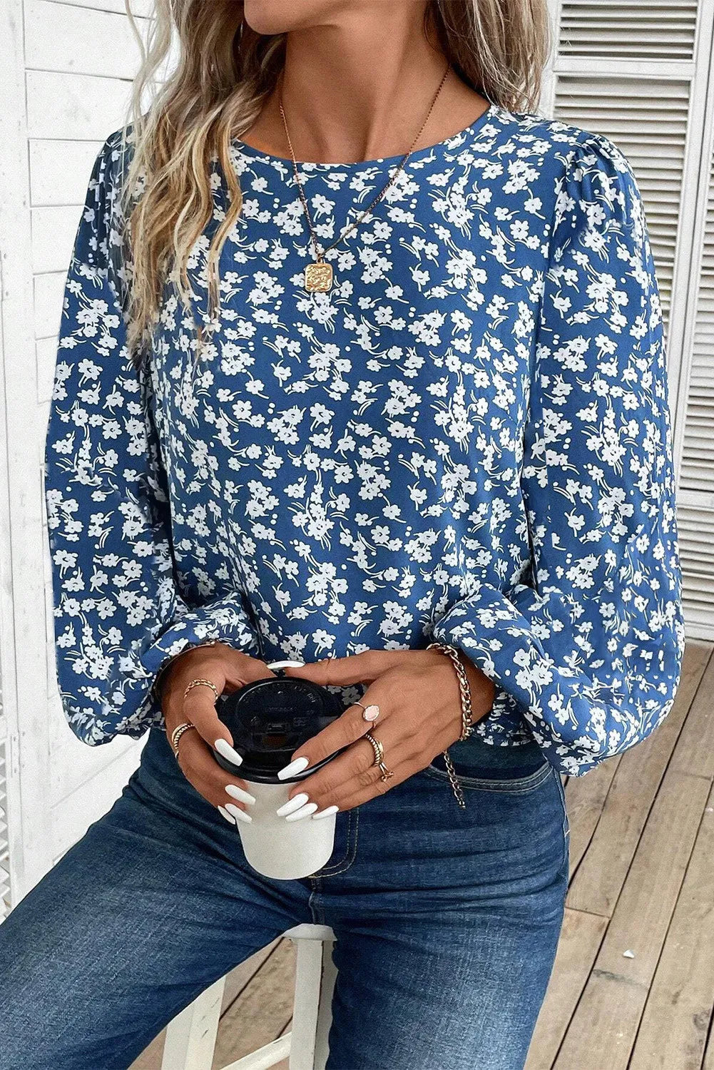 Printed Round Neck Balloon Sleeve Blouse Peacock Blue