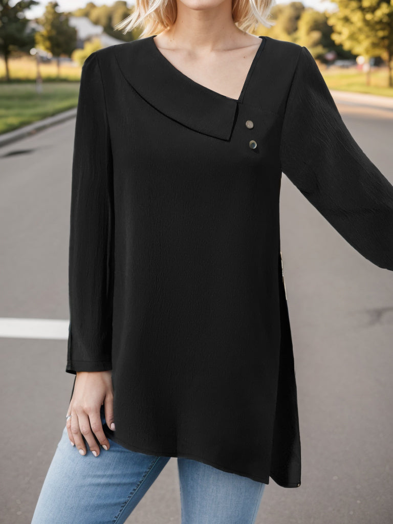 Asymmetrical Neck Long Sleeve Blouse Black