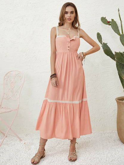 Back-to-School Button-Front Lace Midi Dress