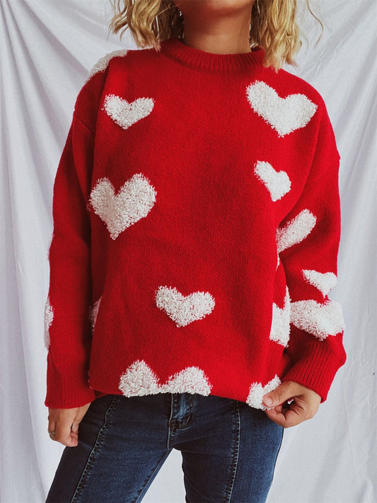 Heart Round Neck Dropped Shoulder Sweater Deep Red One Size