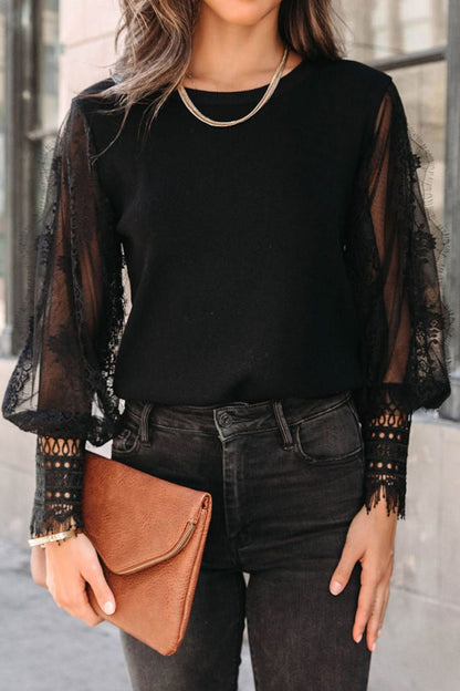 Lace Detail Mesh Lantern Sleeve Blouse Black