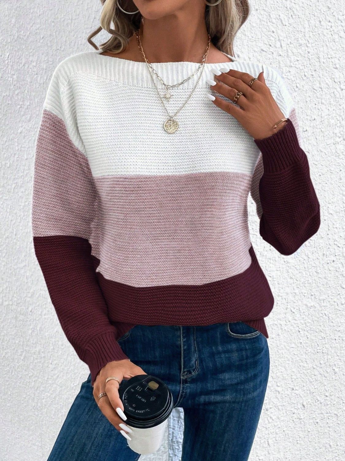 Color Block Boat Neck Sweater Burgundy One Size