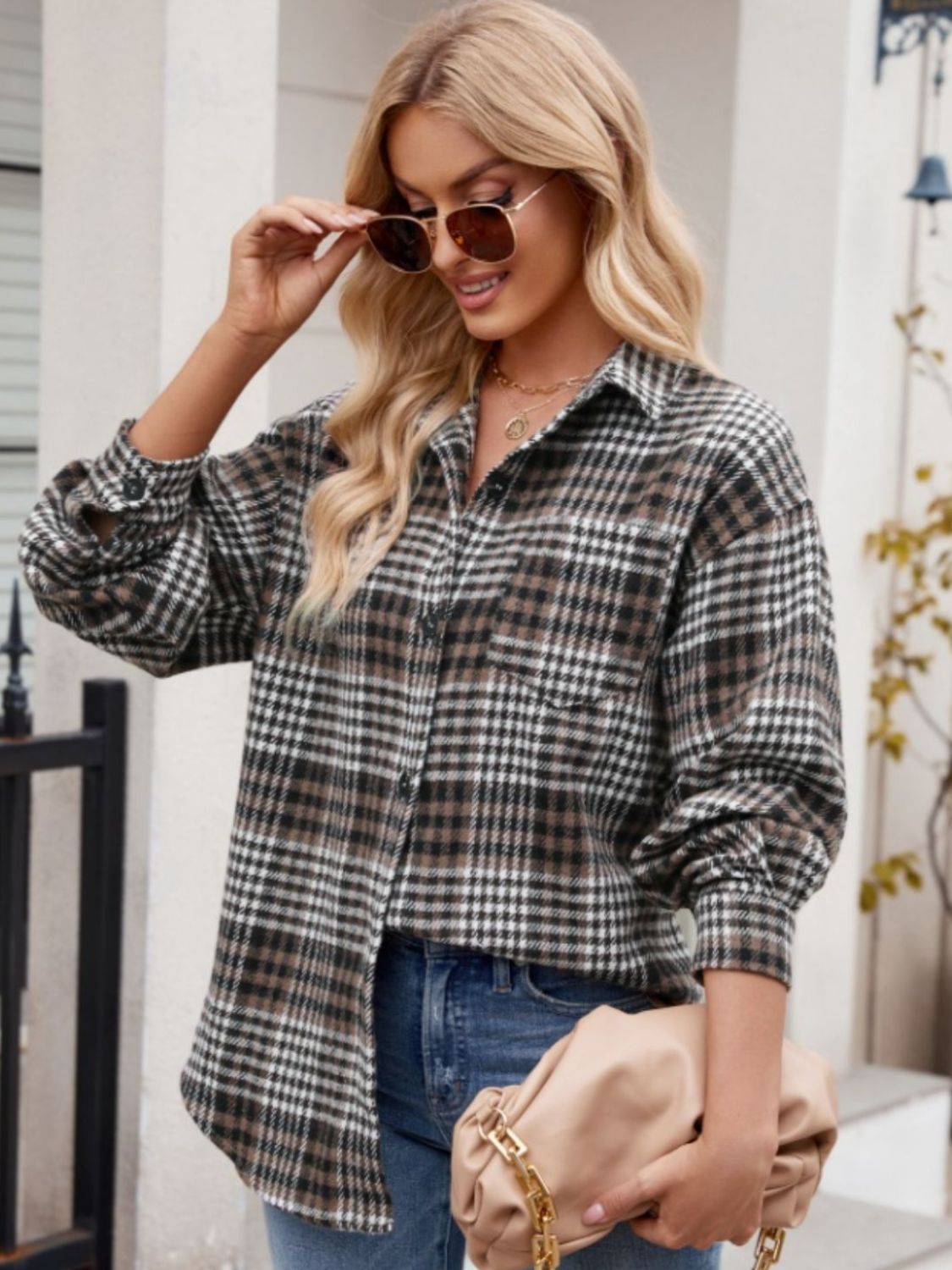 Stretchy Plaid Button-Down Shirt Chocolate