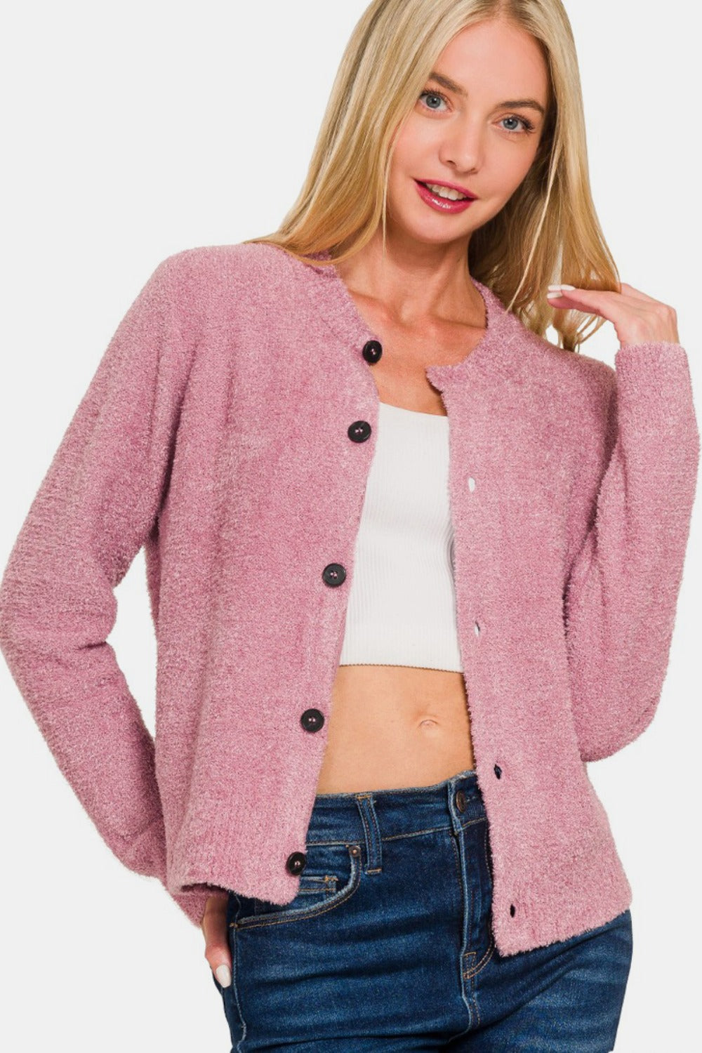 Zenana Button Down Long Sleeve Sweater Cardigan Lt Rose