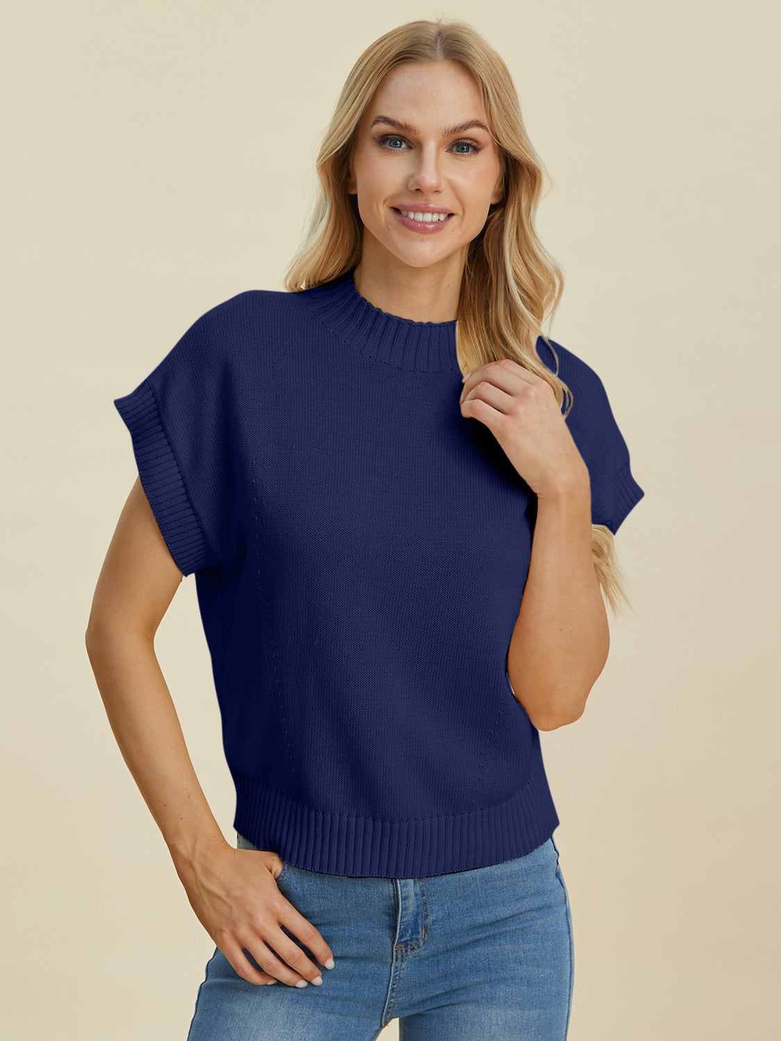 Double Take Full Size Mock Neck Short Sleeve Sweater Navy