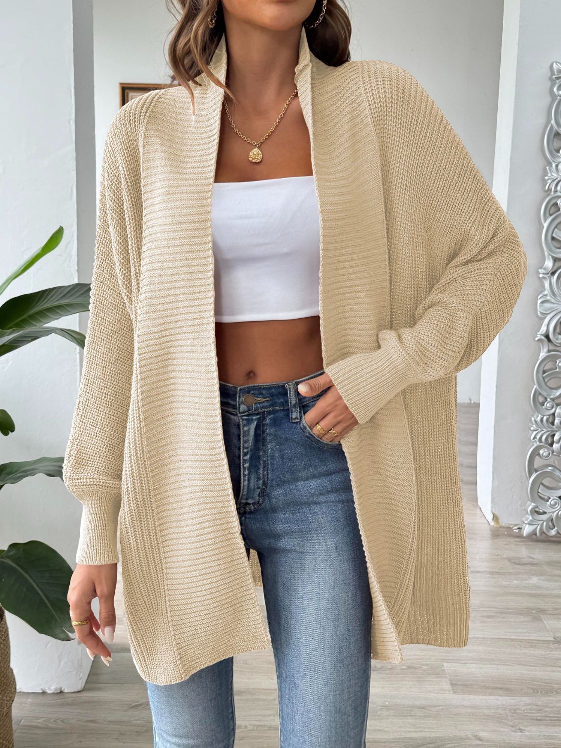 Open Front Long Sleeve Cardigan Tan One Size