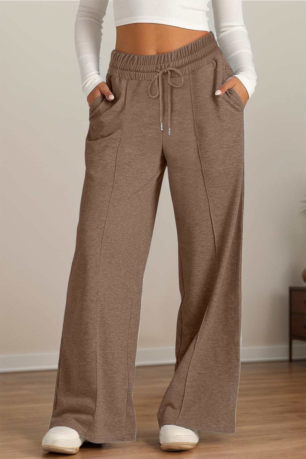 Drawstring Elastic Waist Wide Leg Pants Taupe