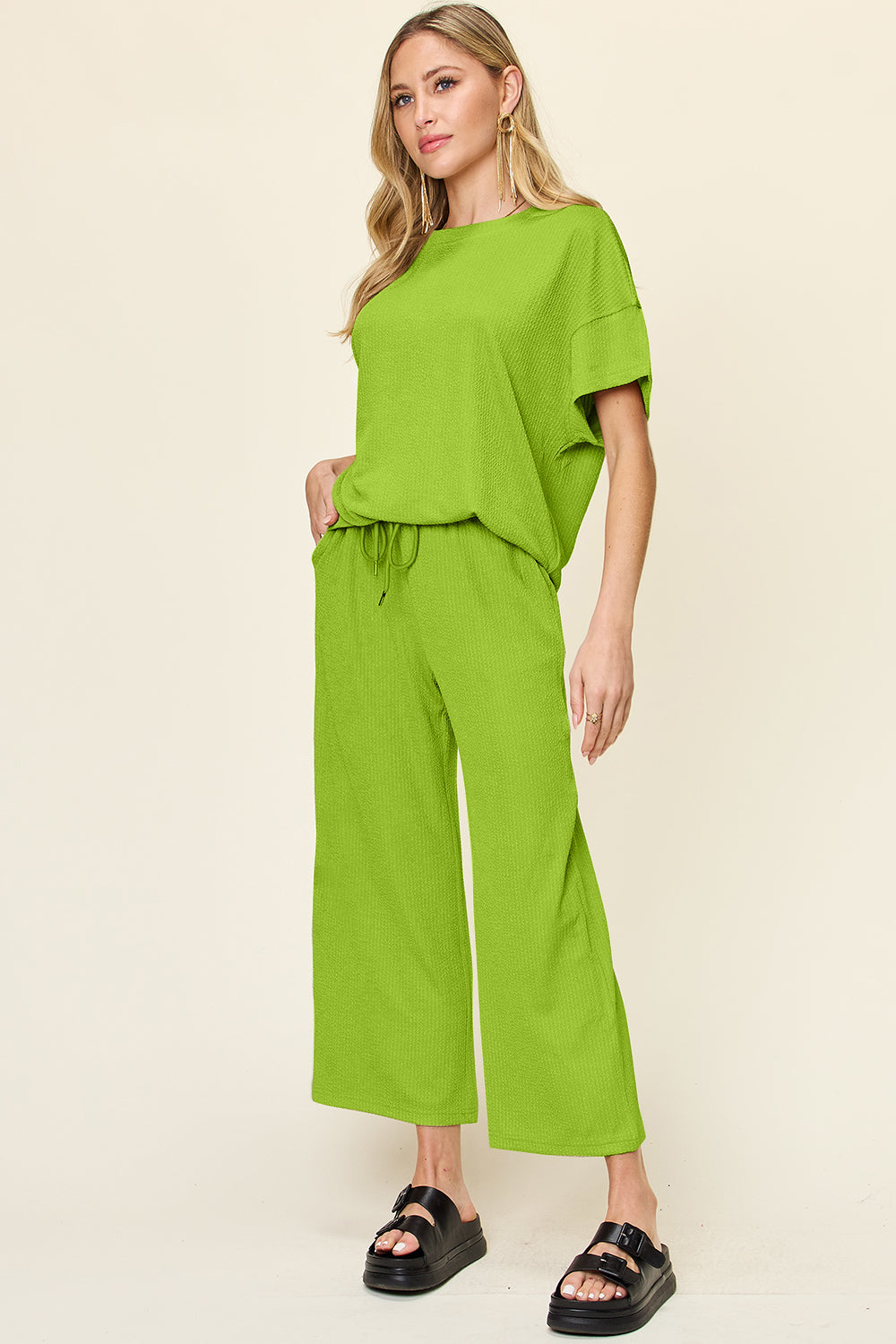 Textured Knit Top and Wide Leg Pant Set