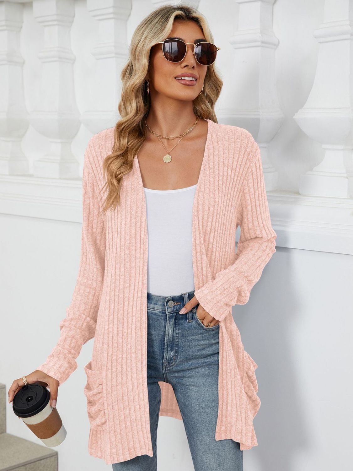 Pocketed Open Front Long Sleeve Cardigan Watermelon pink