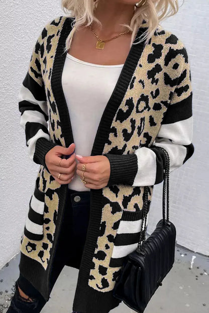 Leopard Open Front Long Sleeve Cardigan Black