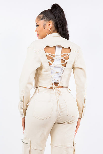 Laced Back Cropped Denim Jacket