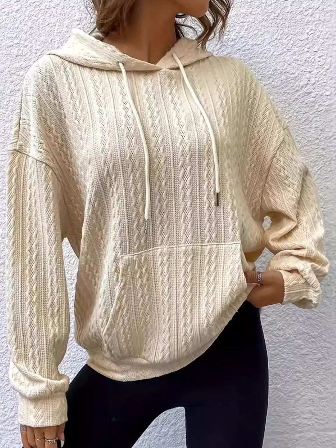 Drawstring Texture Long Sleeve Hoodie Tan