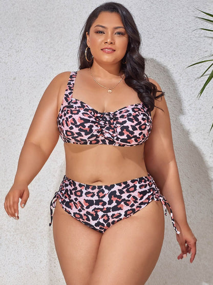 Plus Size Printed Drawstring Bikini Set