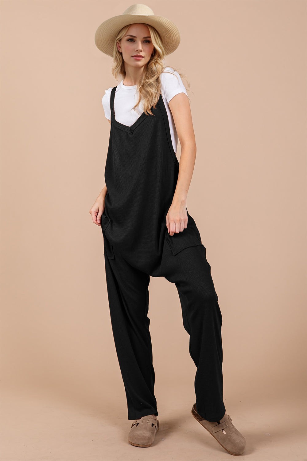 Oh Full Size V-Neck Wide Strap Overalls with Pockets Black