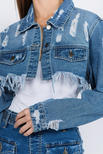 Women's Distressed Denim Crop Jacket