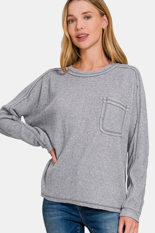 Zenana Full Size Contrast Stitching Brushed Ribbed Hacci Knit Top Gray