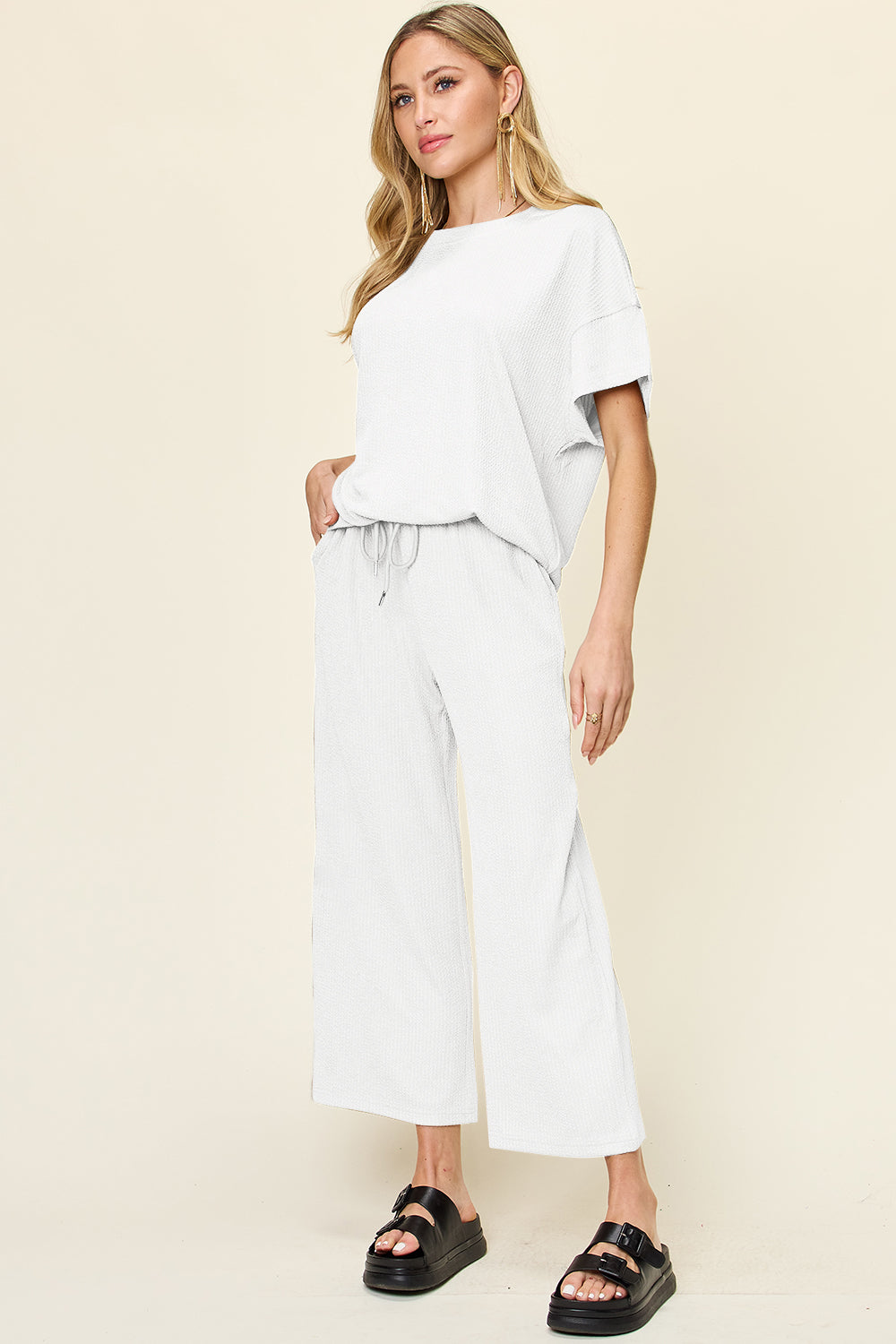 Textured Knit Top and Wide Leg Pant Set White