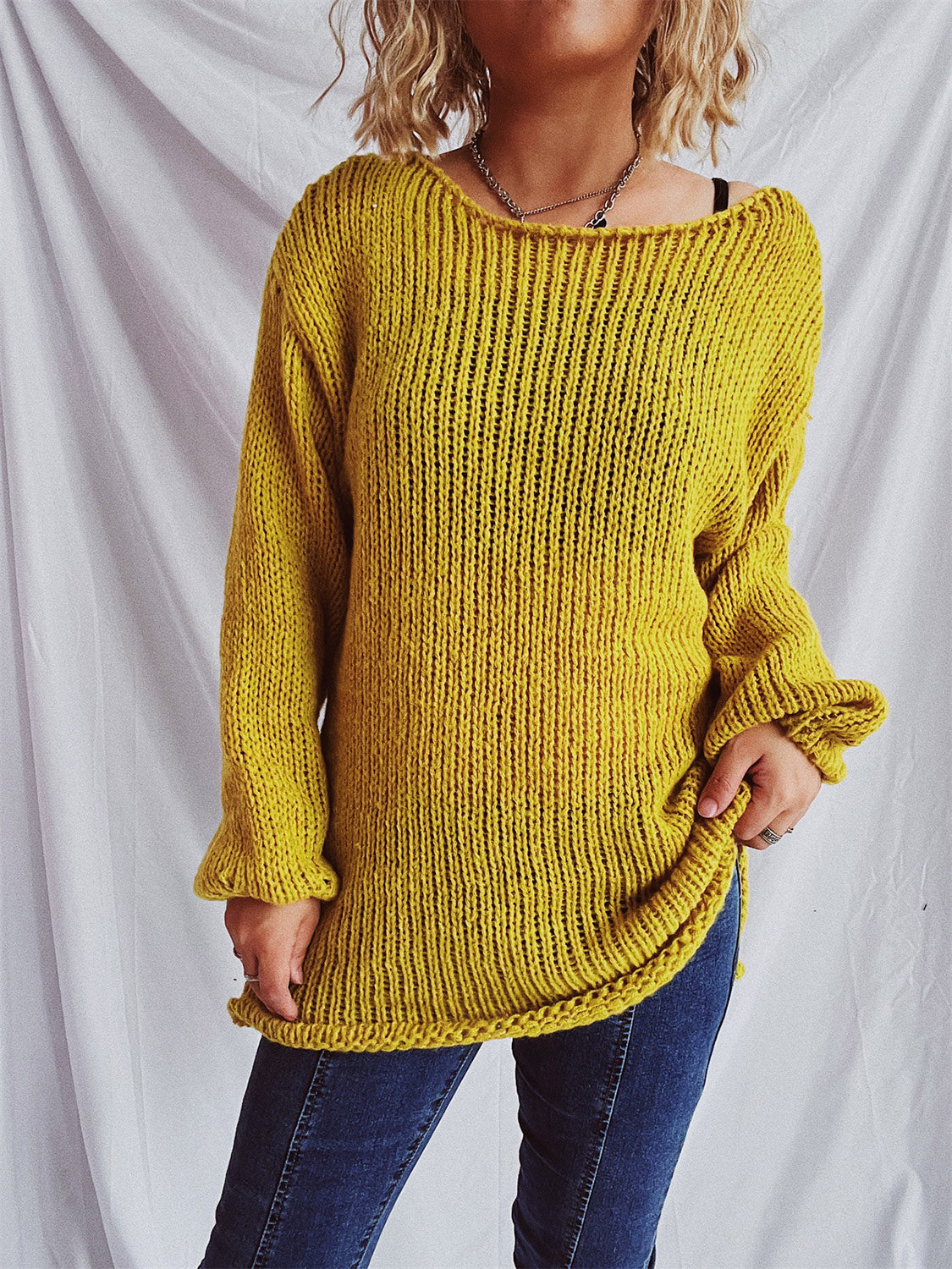 Boat Neck Dropped Shoulder Sweater Mustard One Size