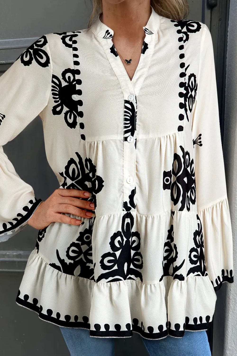 Tiered Printed Notched Long Sleeve Blouse White