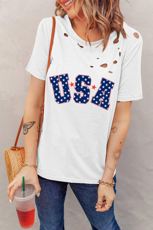 USA Round Neck Short Sleeve T-Shirt White