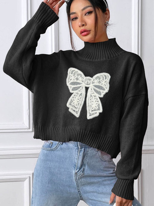 Bow Turtleneck Long Sleeve Sweater Black