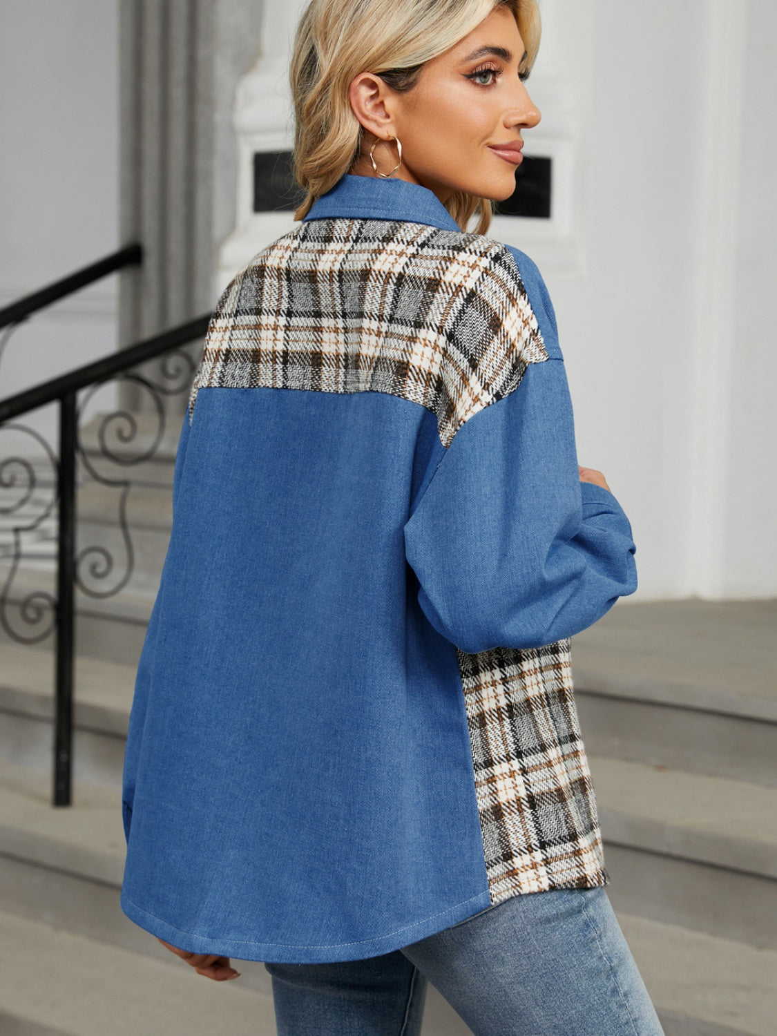 Plaid Denim Jacket with Button Closure