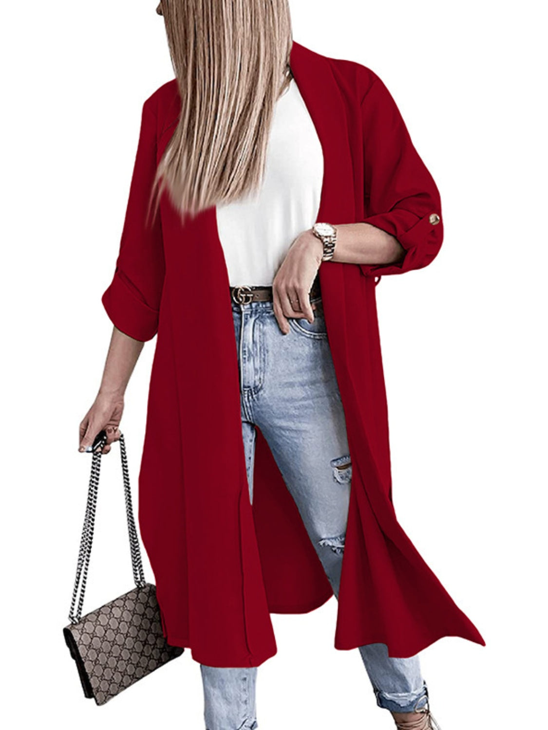 Slit Open Front Roll-Tab Sleeve Trench Coat Deep Red