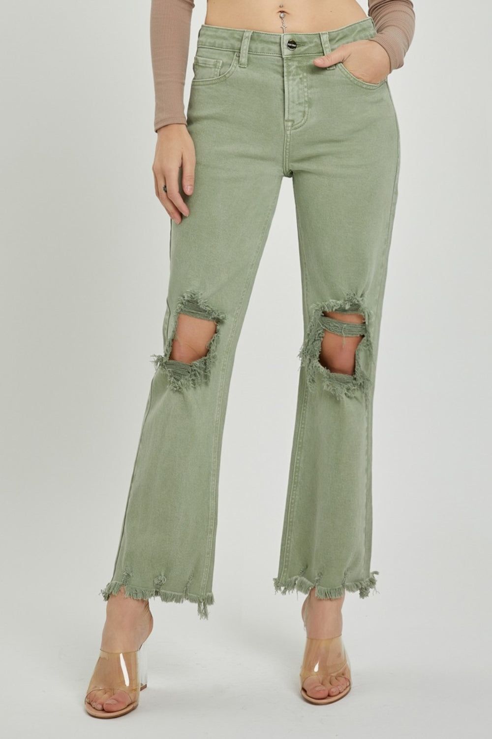 RISEN Distressed Ankle Bootcut Jeans Olive