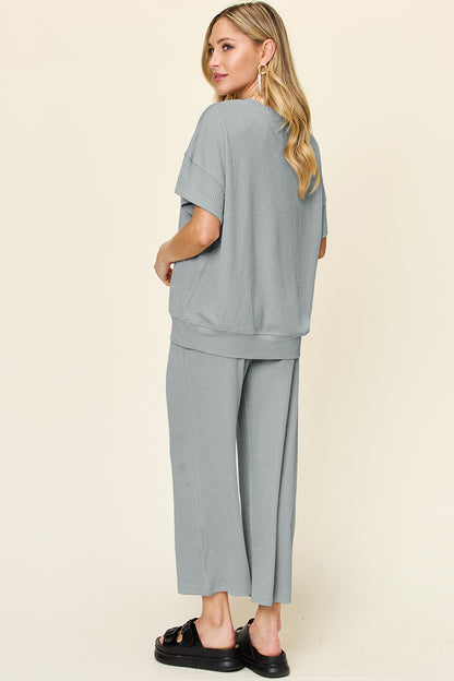 Textured Knit Top and Wide Leg Pant Set