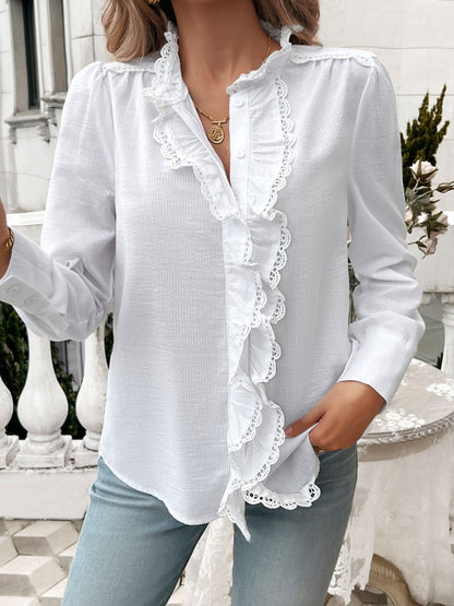 Lace Detail Ruffled Round Neck Long Sleeve Shirt White