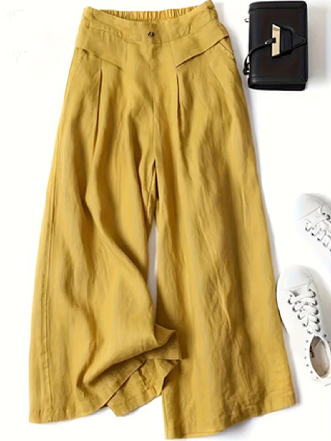 Full Size Half Elastic Waist Wide Leg Pants Chartreuse