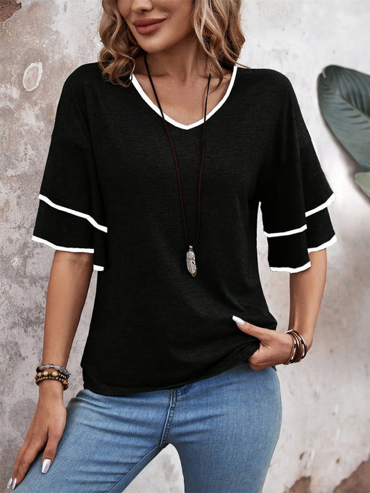 Contrast Trim V-Neck Half Sleeve Blouse Black