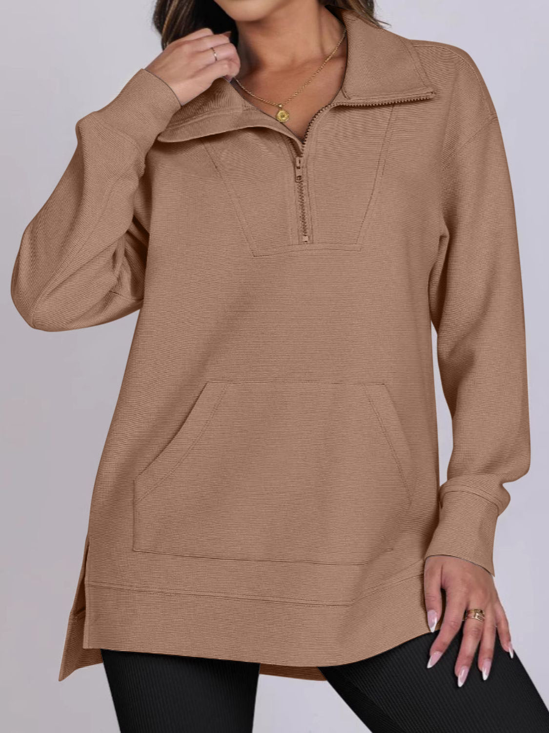 ฺHigh-Low Quarter Zip Long Sleeve Sweatshirt Camel