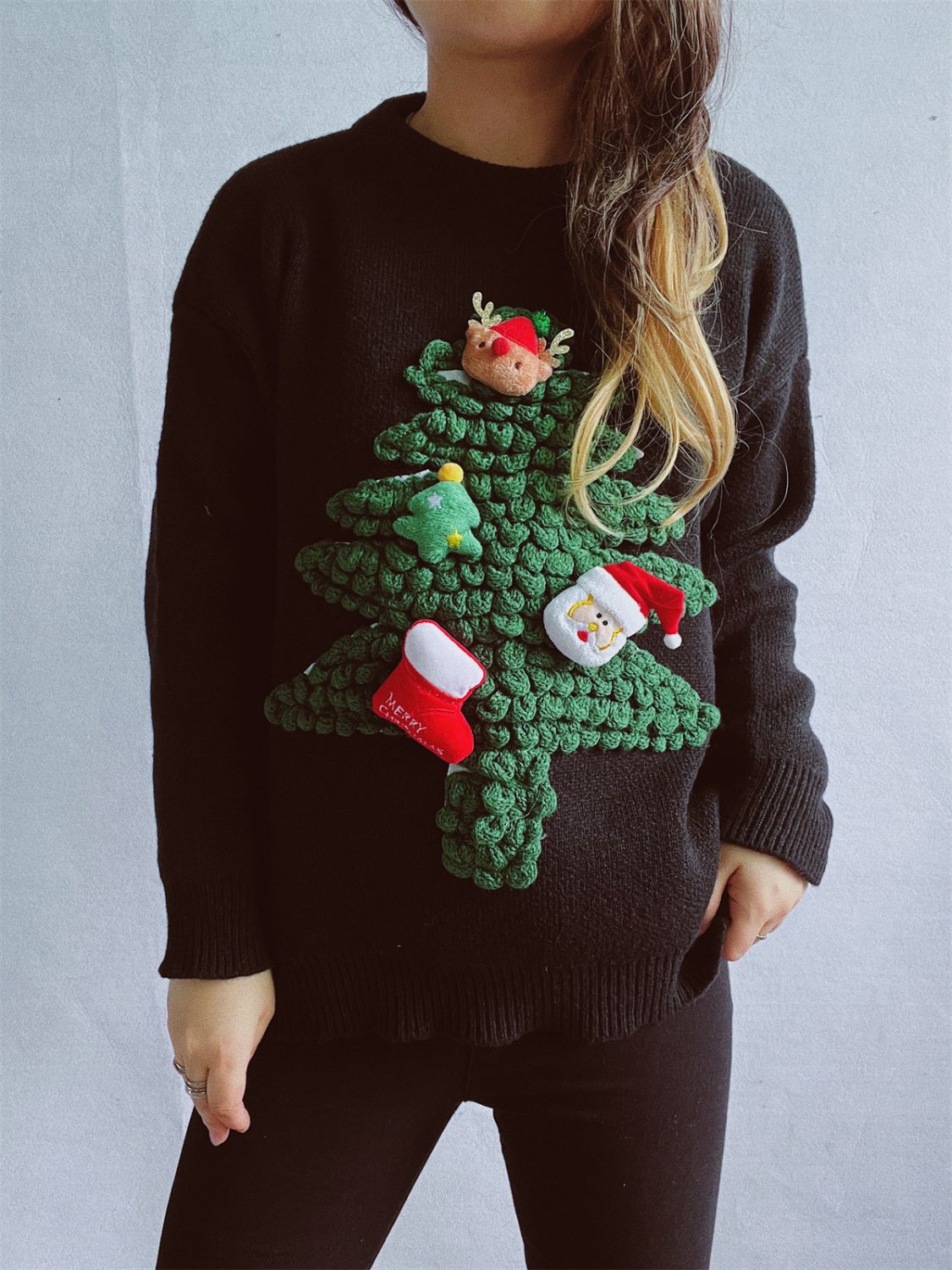 Christmas Tree Round Neck Long Sleeve Sweater Black One Size