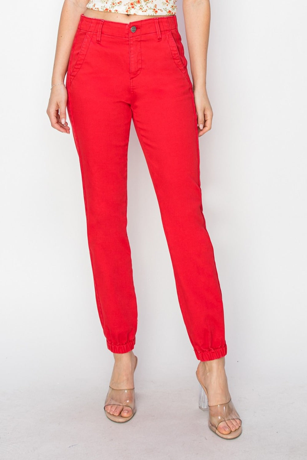 RISEN Full Size High Waisted Jogger Jeans Scarlet