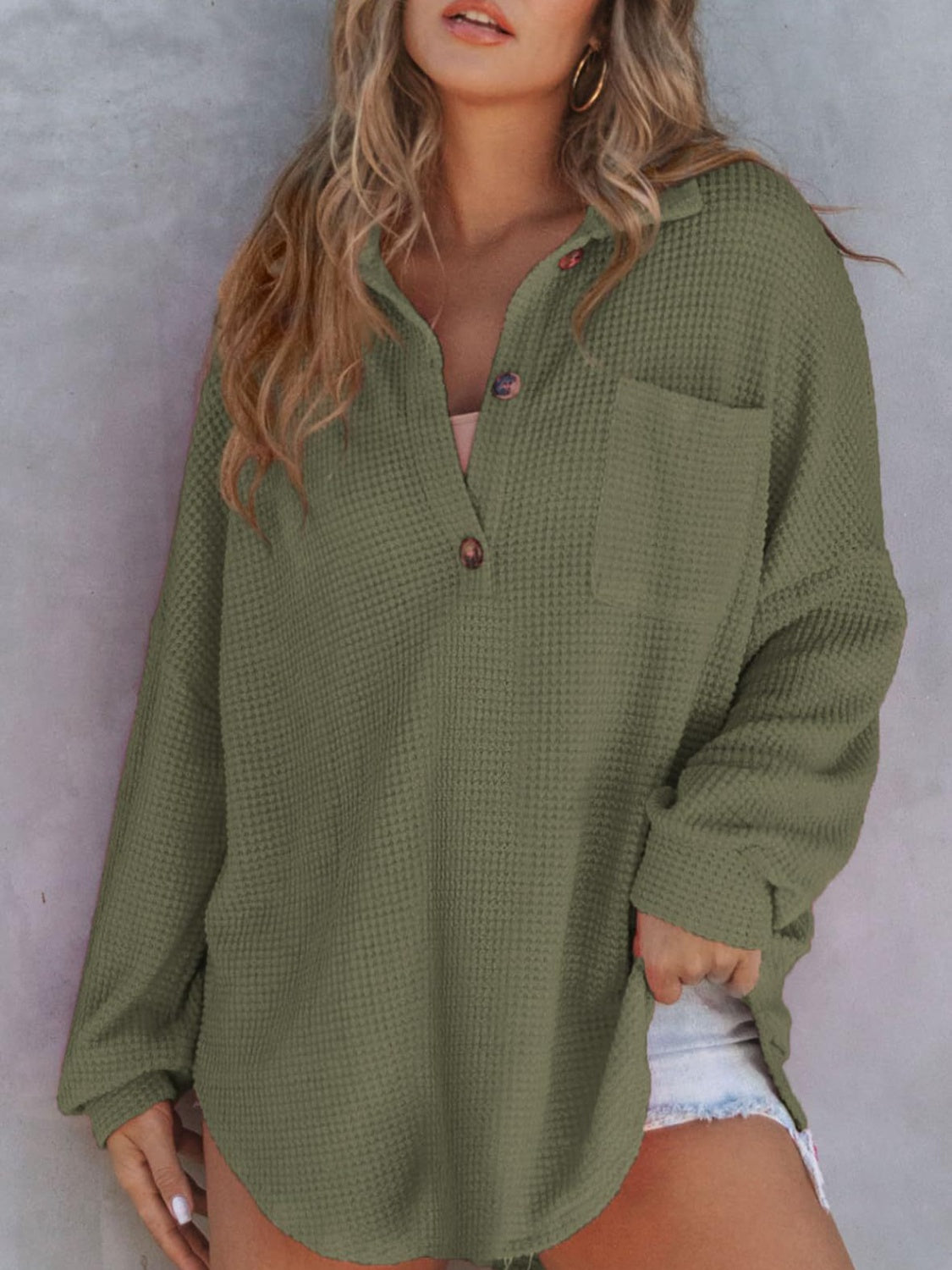 Cozy Waffle Knit Back-to-School Sweatshirt Army Green