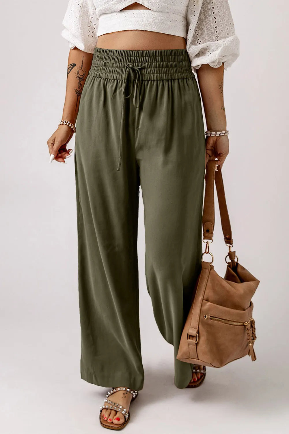 Smocked High Waist Wide Leg Pants Army Green